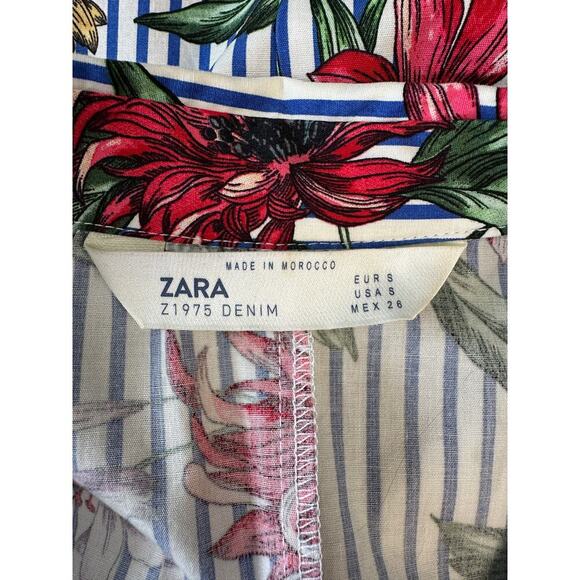 Zara Z1975 Denim Women Floral Shirt Dress Belt Short Sleeve Poplin S Resort - Picture 10 of 10
